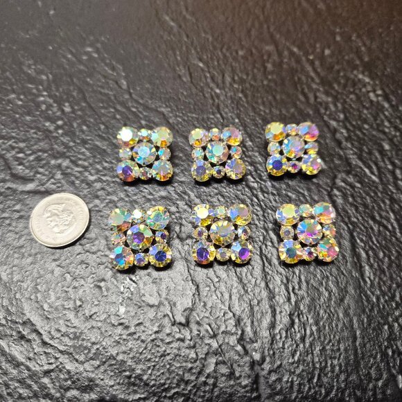 6 Vintage Aurora Borealis AB Crystal Buttons – Square Prong Set 50s Costume Glam - Picture 2 of 3